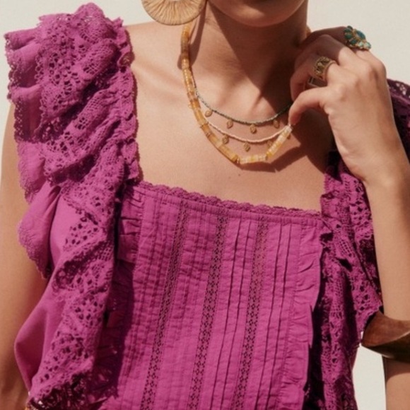 Sezane Lexy Blouse Size 38 French US 6 Square Neck Lace Frill Organic Cotton Top - Picture 4 of 15